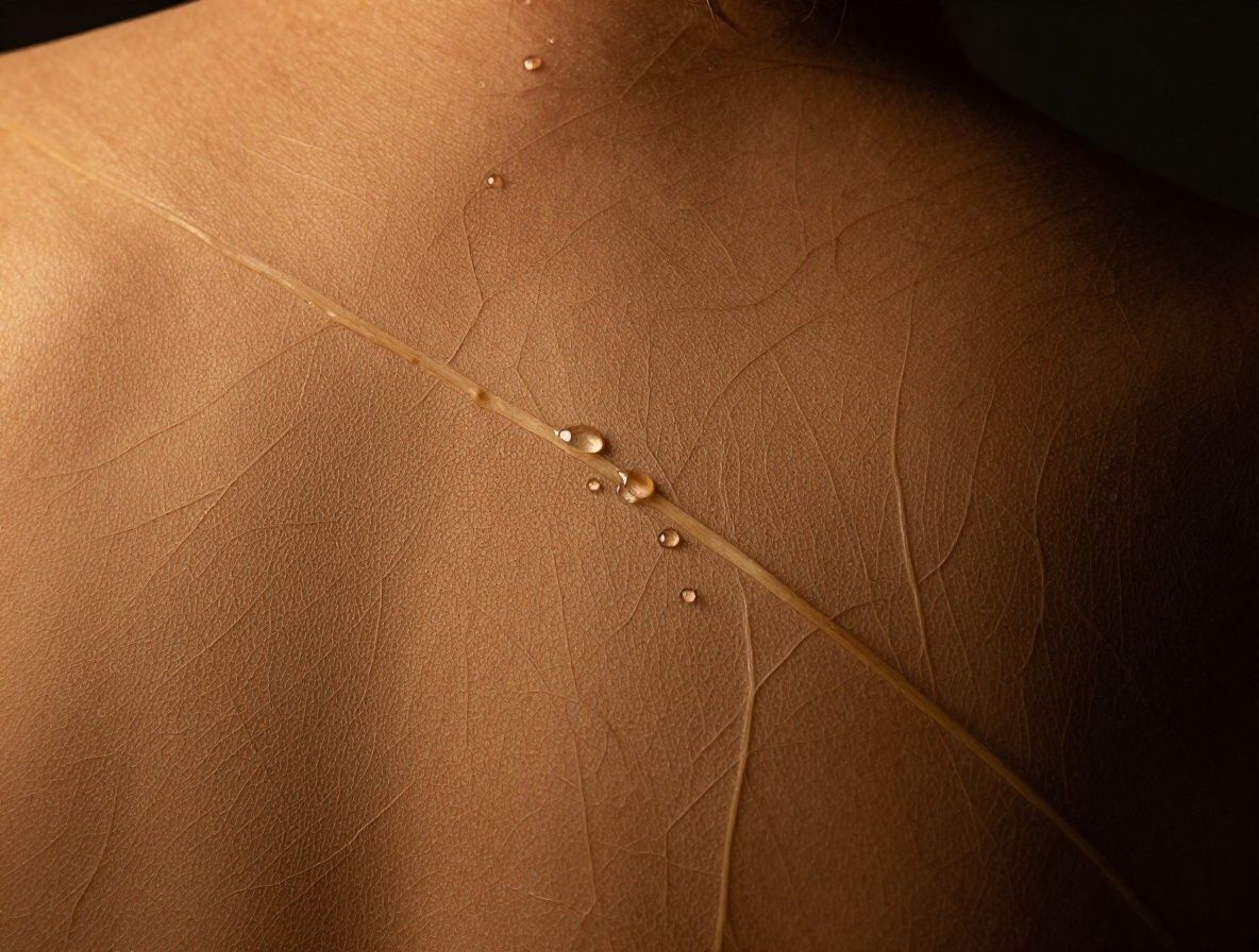 Makroaufnahme einer botanischen Pflanzentextur mit feinen Blattadern und Tau in warmem gerichtetem Licht auf dunklem Hintergrund