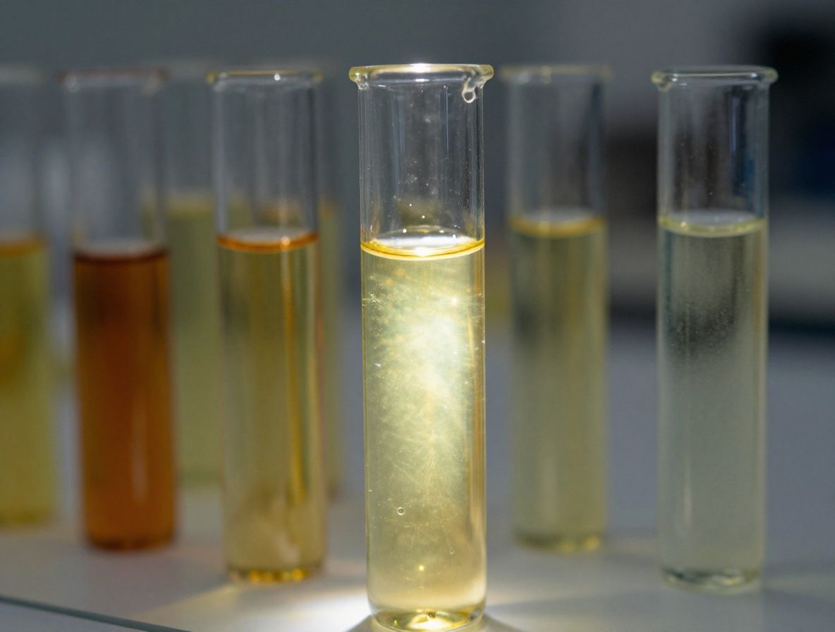 Abstrakte Makroaufnahme von Laborglaswaren und schimmernden Flüssigkeiten in verschiedenen Behältern auf einem dunklen Untergrund, sanftes Licht reflektiert auf Glasoberflächen