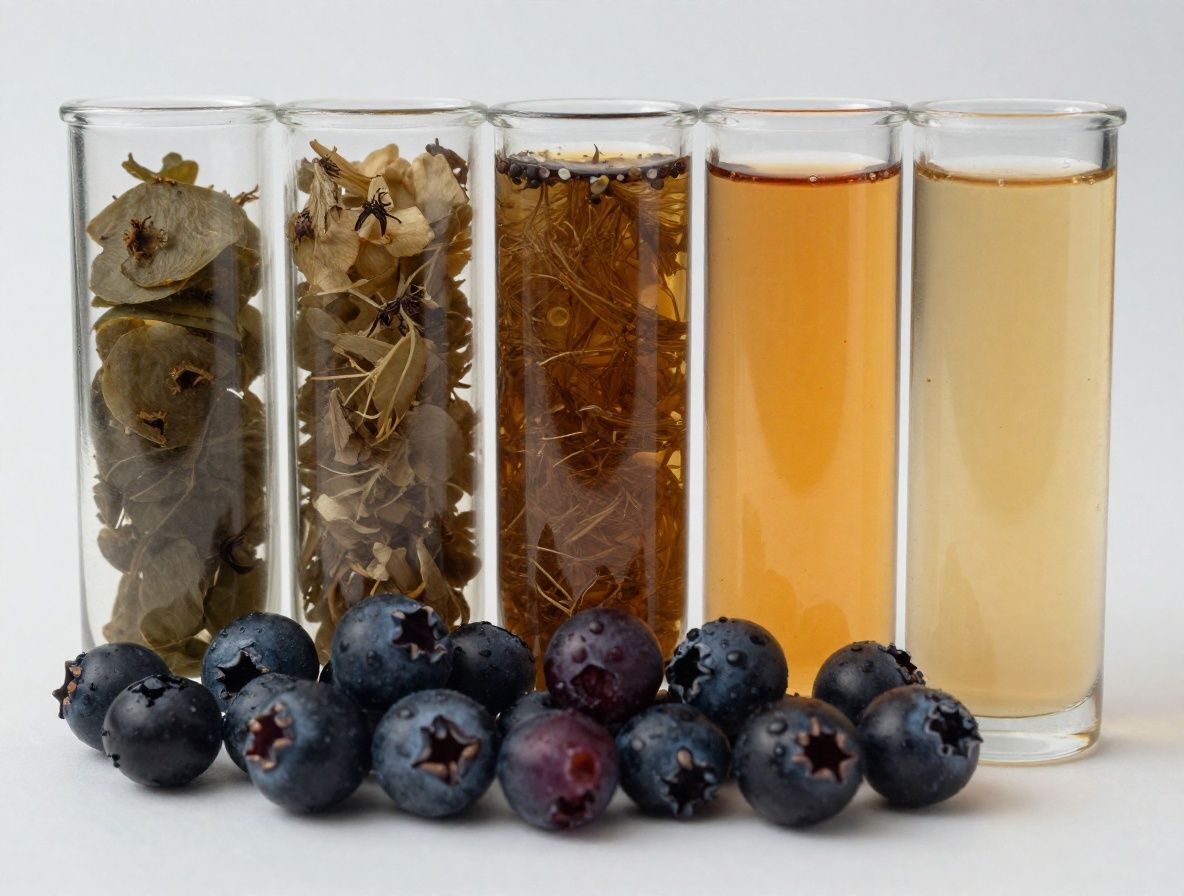 Botanische Makroaufnahme von Beeren und Pflanzenextrakten in einer Glasschale mit warmem Gegenlicht, das die Zellstruktur sichtbar macht