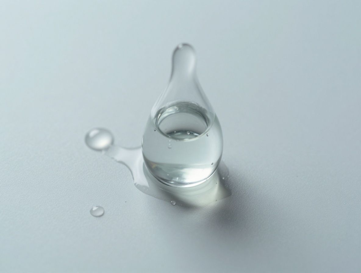 Tropfen einer klaren gelartigen Substanz auf einer Glasfläche mit Lichtbrechung und Reflexionen in weichen Blautönen, symbolisch für Hyaluronsäure